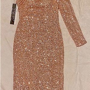 Dalia Macphee. Rose gold cocktail dress off the shoulder